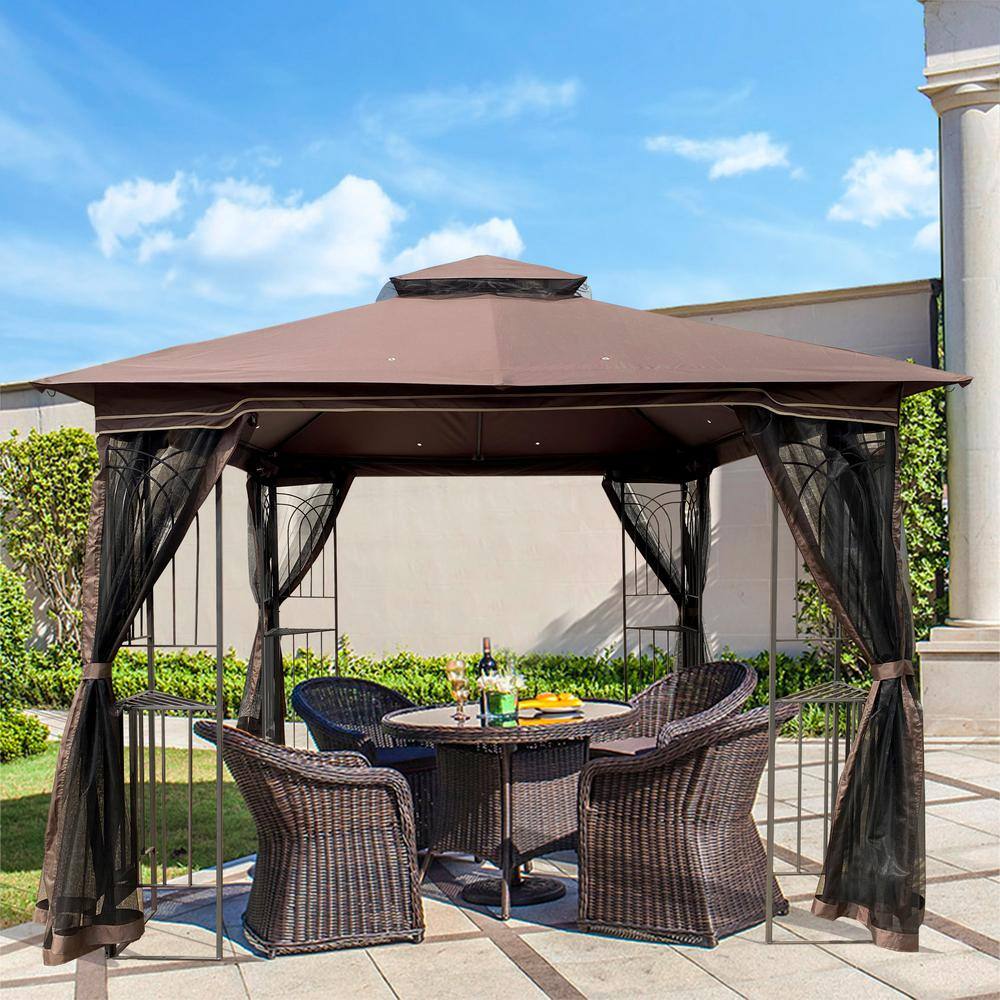 10 ft x 10 ft Brown Steel Patio Gazebo with Mosquito Net