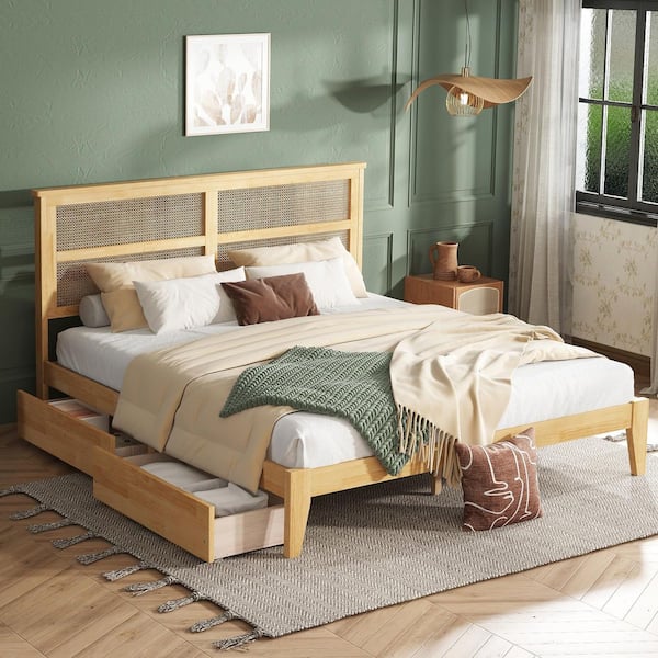 Elsie Brown Wood Frame King Size Platform Bed with 2 Storage Drawers and Rattan Headboard, White Oak