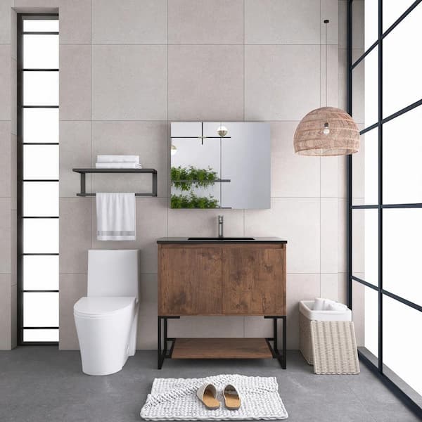 Boosicavelly 36 In. W X 19 In. D X 34 In. H Single Sink Freestanding Bath Vanity in Rose Wood with Black Resin Top