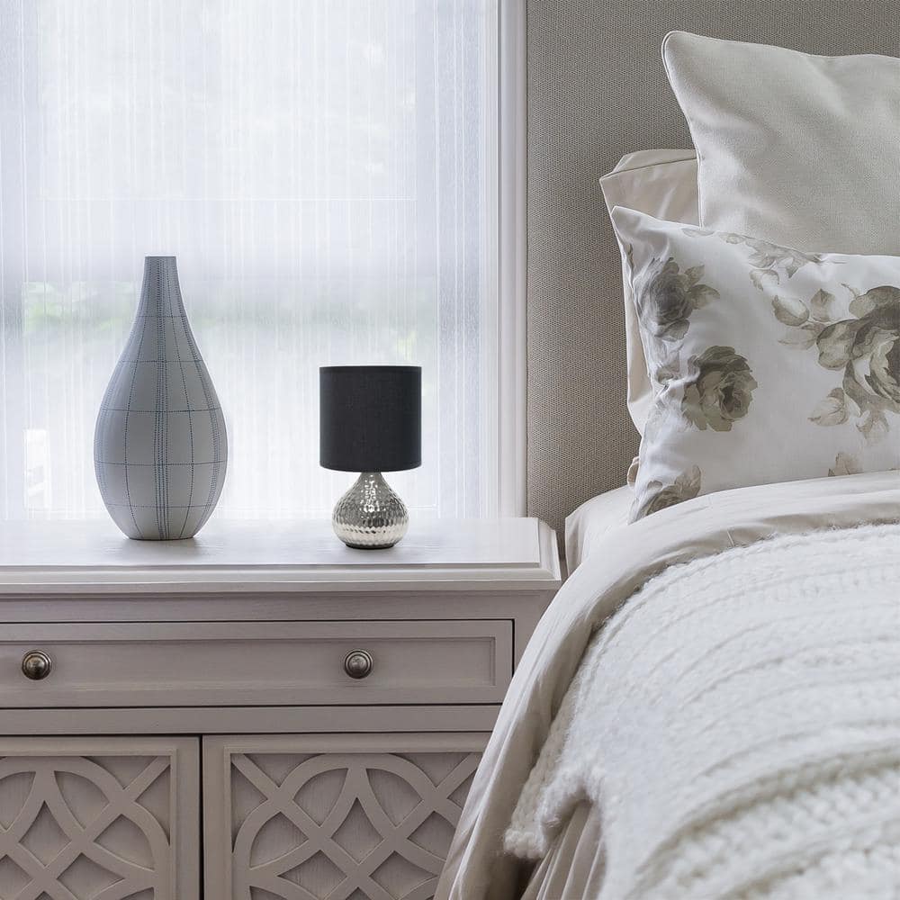 Silver Hammered Metal Table Lamp with Black Fabric Shade