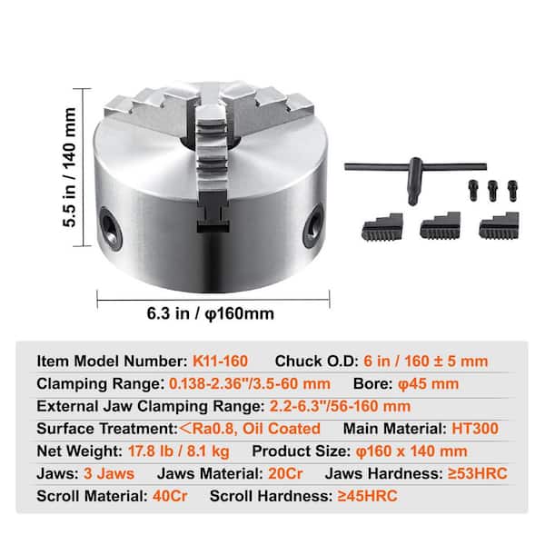 SKYSHALO 3-Jaw Lathe Chuck, 6 in. Self-Centering Lathe Chuck, 0.14