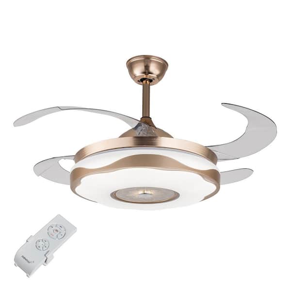 OUKANING 42 in. Integrated LED Indoor Gold Modern Ceiling Fan with Retractable Blades and Remote