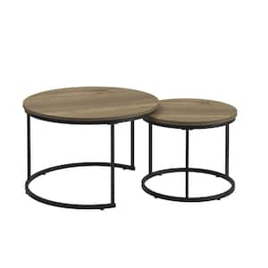 2-Piece Brown Round Wood Nesting Outdoor Coffee Table with Sturdy Metal Frame for Living Room, Balcony and Yard