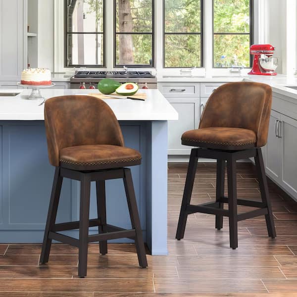 OrangeOne 26 in. Brown Wood Frame Swivel Cushioned Bar Stool with Faux Leather, Swivel Counter Stool (Set of 2)