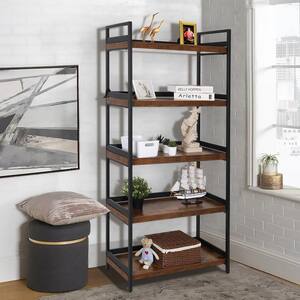 5 tiger Ladder Storage 68 in. Brown Wooden 5-Shelf Etagere Standard Bookcase with Open Back