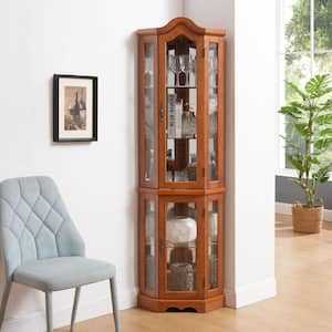 66.55 in.H Brown Wood Glass Corner Display Storage Cabinet With Light Bar and Adjustable Shelves