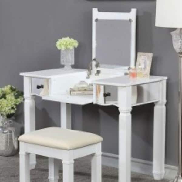 Benjara 30 in. H x 39 in. W x 20 in. L White and Silver Wooden Frame Vanity Set with a Stool and Mirror Trim