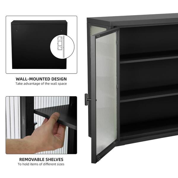 27.6 in. W x 9.1 in. D x 23.6 in. H in Black Metal Ready to Assemble Wall Kitchen Cabinet with Detachable Shelves