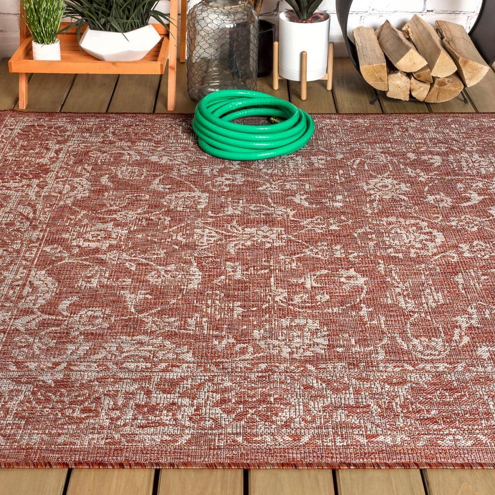 Red and Taupe Floral Synthetic 5' x 8' Reversible Rug