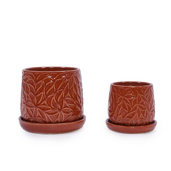 Set of 2 Red Leaf Pattern Ceramic Planters with Drainage Holes-Modern Glossy Indoor/Outdoor Flower Pots