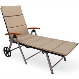 Folding Rattan Aluminum Patio Lounge Chair Chaise with Brown Cushioned Adjust Wheel