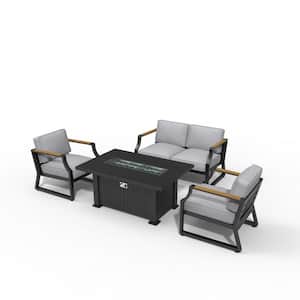 Sera Black 4-Piece Aluminum Patio Fire Pit Conversation Set with Gray Cushions