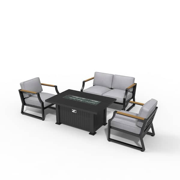 moda furnishings Sera Black 4-Piece Aluminum Patio Fire Pit Conversation Set with Gray Cushions
