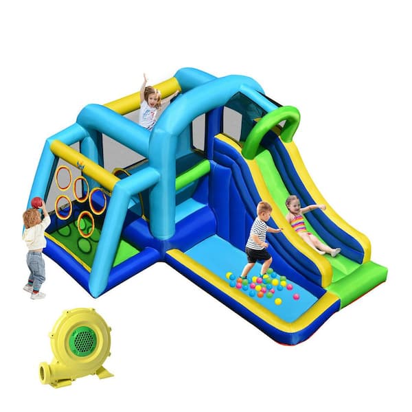 Gymax 85.5 in. x 150 in. Blue Oxford ClothInflatable Bouncer Climbing House Kids Slide Park Ball Pit with 750-Watt Blower