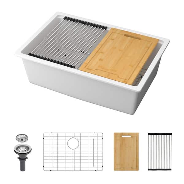 28 in. Undermount Single Bowl White Quartz Kitchen Sink Granite Composite Workstation with Bottom Grid