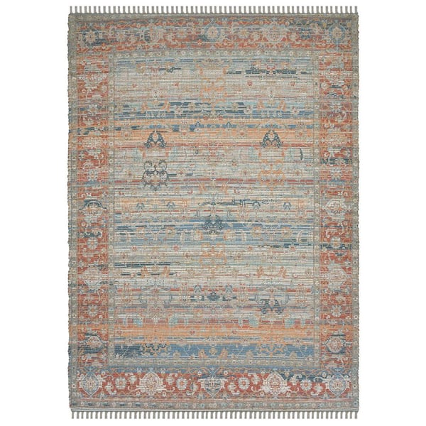 5 ft. x 7 ft. Blue Brick Red And Ivory Oriental Hand Woven Area Rug With Fringe