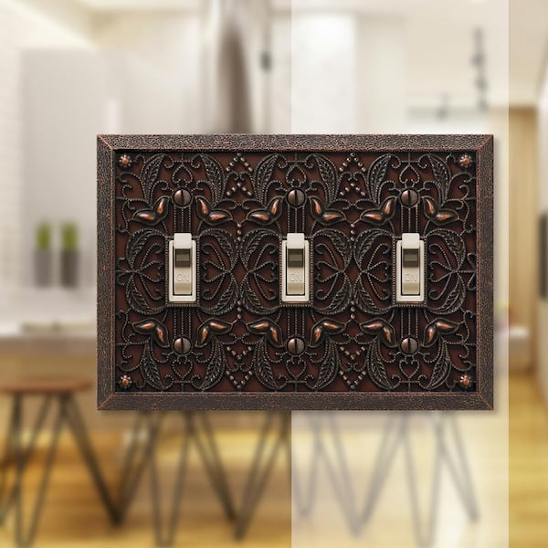 Filigree 3 Gang Toggle Metal Wall Plate - Aged Bronze