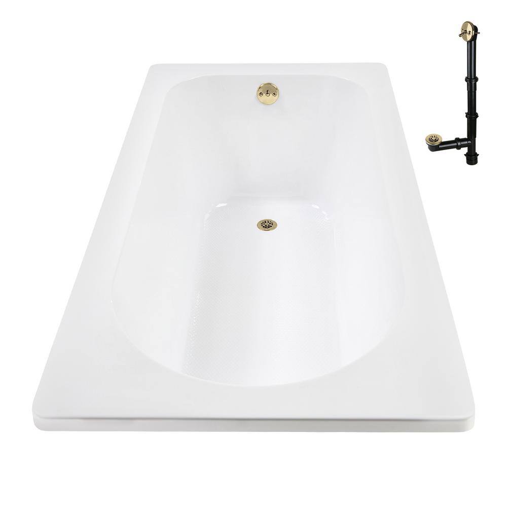 60" x 32" Glossy White Acrylic Soaking Drop-In Bathtub with Polished Brass Drain