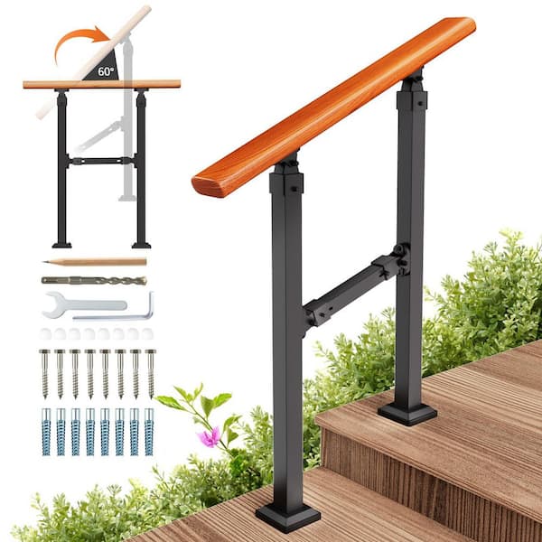 NVNOO Outdoor Steel Metal Hand Rails for Porch, Wooden Stairs Railing Fit 1 to 2 Steps with Installation Kit, Black