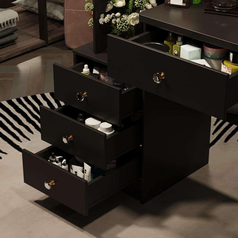 4-Drawers Black Wood LED Push-Pull Mirror Makeup Vanity Sets Dressing Table Sets with Stool, Door Cabinet, Shelves - thumbnail 7