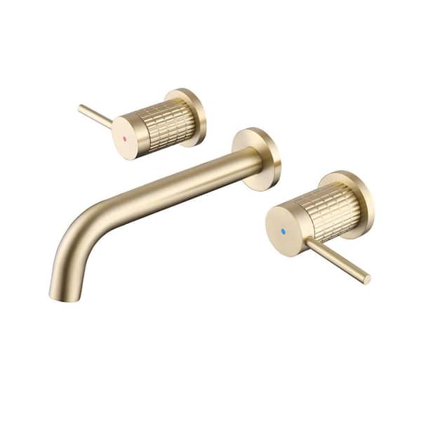 Double Handle Wall Mounted Bathroom Faucet with Valve Modern 3 Hole Brass Bathroom Sink Basin Vanity Taps Brushed Gold