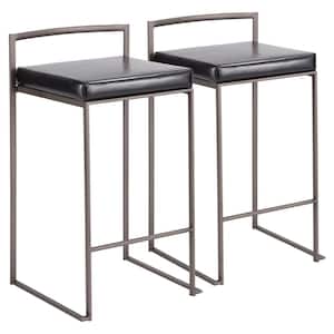 Fuji 26 in. Antique Stackable Counter Stool with Black Faux Leather Cushion (Set of 2)