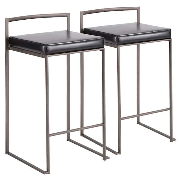 Lumisource Fuji 26 in. Antique Stackable Counter Stool with Black Faux Leather Cushion (Set of 2)