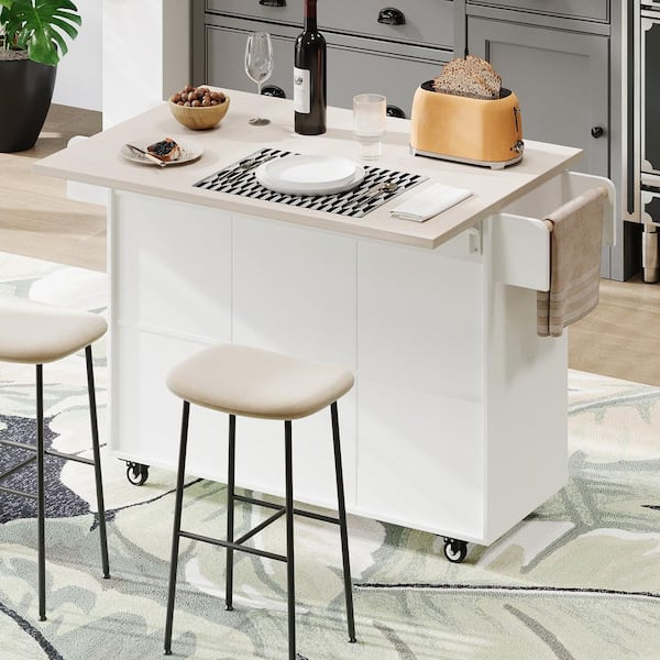 Farmhouse White Wood 51.06 in. Drop Leaf Kitchen Island Kitchen Carts with Trash Can Storage Cabinet and Spice Rack