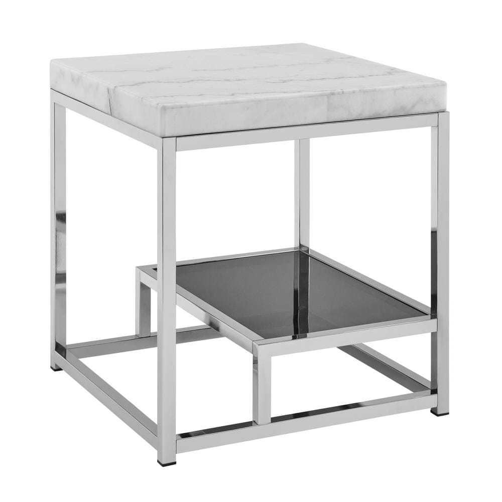 Aston White Marble and Chrome Square End Table with Shelf