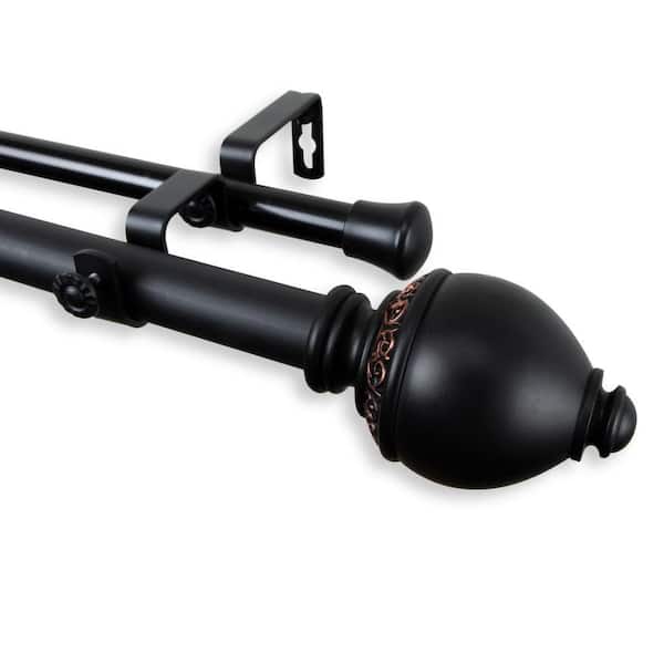 Rod Desyne 48 in. - 84 in. Telescoping 1 in. Double Curtain Rod Kit in Black with Ramona Finial