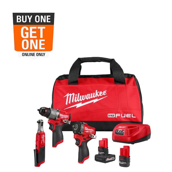 M12 FUEL 12V Lithium-Ion Cordless Drill Driver, Impact Wrench, and Ratchet Combo Kit (3-Tool) w/Batteries, Charger & Bag