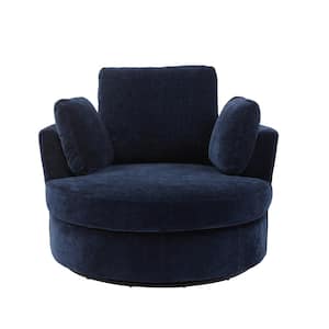 42 in. Navy Chenille Swivel Barrel Arm Chair 3 Pillows