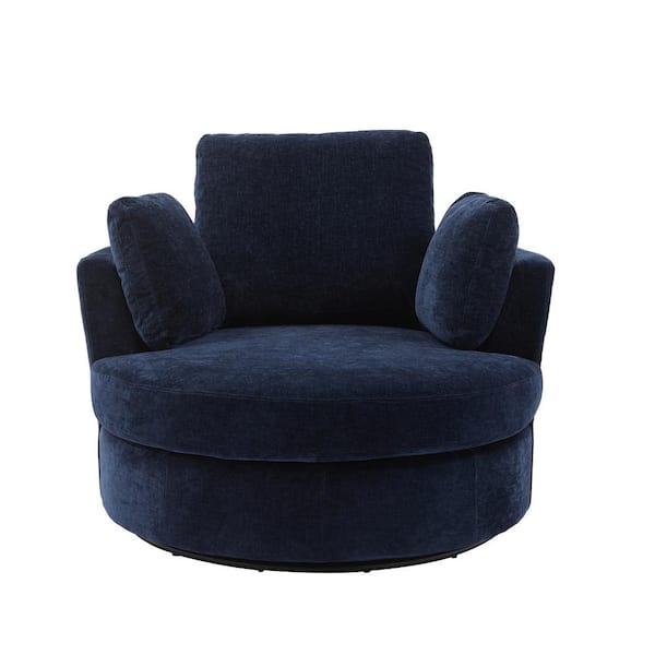 Unbranded 42.2 in. W Navy Chenille Swivel Accent Barrel Chair Oversized Arm Chair with 3 Pillows