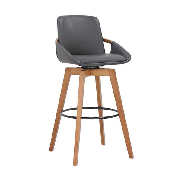 Armen Living Baylor 30" Bar Height Swivel Wood Stool in Gray Faux Leather