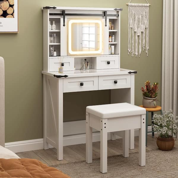 Farmhouse Vanity Desk Makeup Vanity Set Table Adjustable Brightness Sliding Mirror White