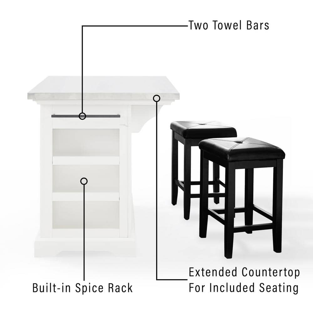 Elegant Julia White and Black Kitchen Island Set with Stainless Steel Top and Upholstered Stools