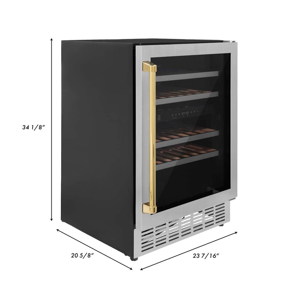 Stainless Steel Dual Zone Wine Cooler with Gold Handle and Interior Lighting
