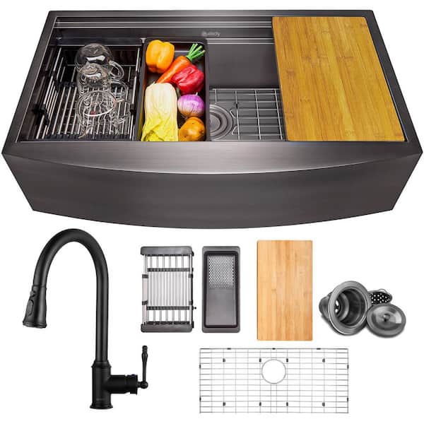 All-in-One Matte Black Finished Stainless Steel 33 in. x 22 in. Farmhouse Apron Mount Kitchen Sink with Pull-down Faucet