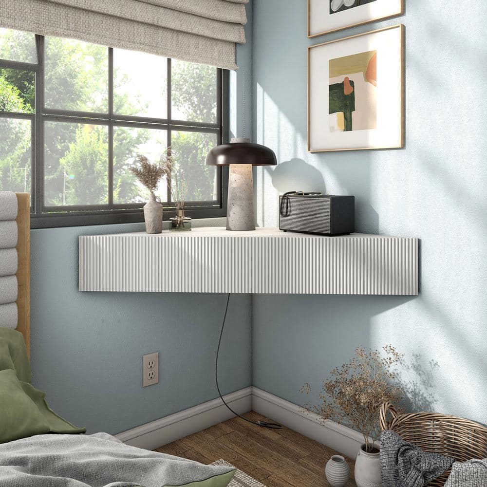 White 47-Inch Wood Corner Floating TV Console with Cabinet