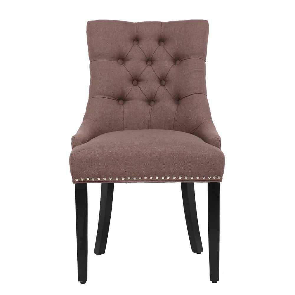 Brown Linen Upholstered Tufted Side Chair with Wood Legs