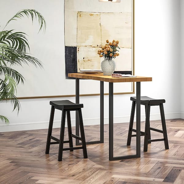 24 in. Black Wooden Saddle Bar Stools Counter Height Dining Chairs with Wooden Legs (Set of 2)