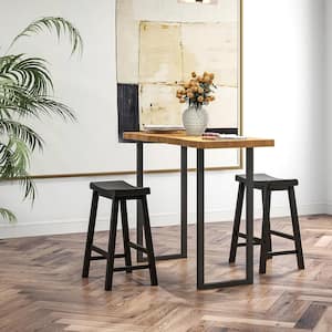 24 in. Black Wooden Saddle Bar Stools Counter Height Dining Chairs with Wooden Legs (Set of 2)