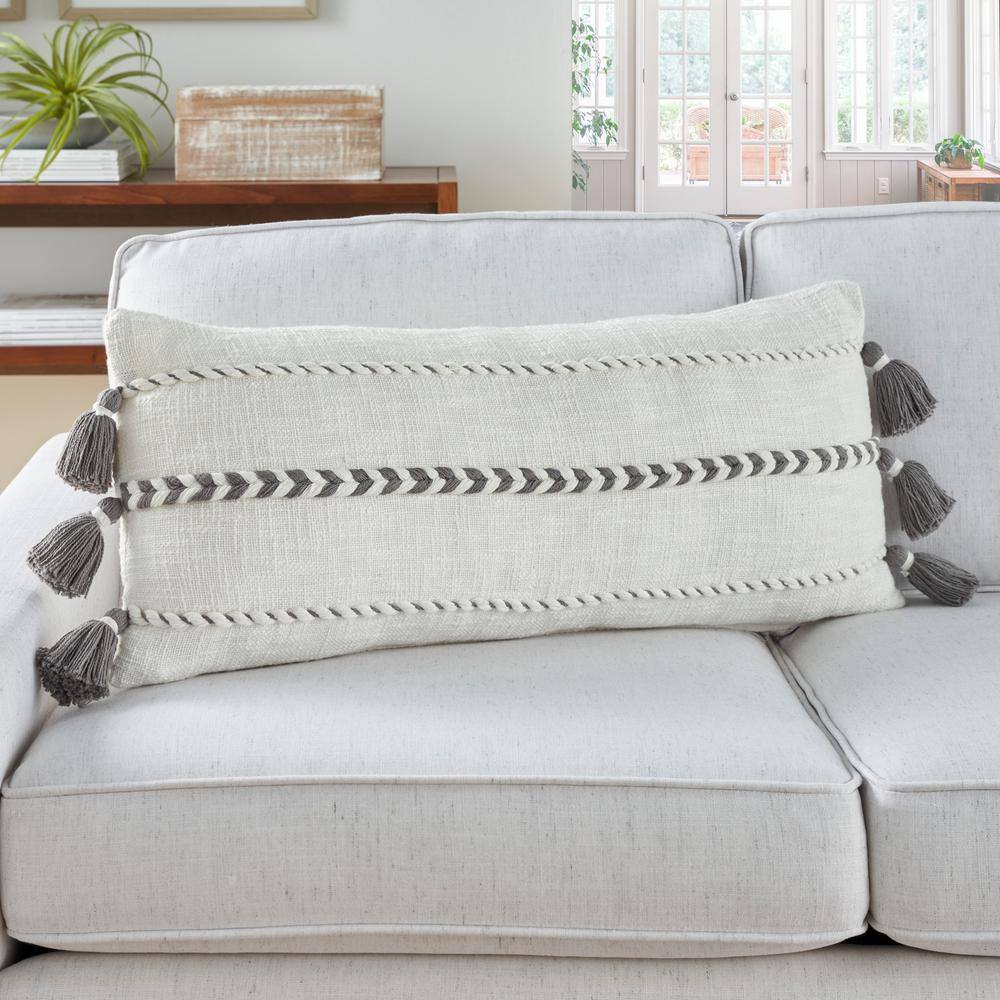Gray and White Cotton Tassel Lumbar Throw Pillow