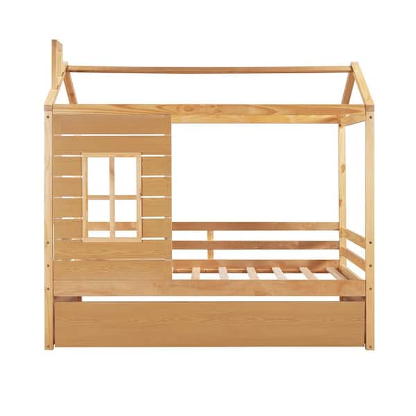 Wood Natural Twin Size House Bed with Trundle