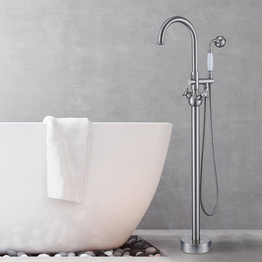 Brushed Nickel Freestanding Tub Filler with Handheld Shower