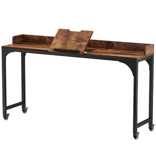 Tribesigns Cassey 70.86 in. Rectangular Rustic Brown Wood and Metal Writing Desk Overbed Table with Wheels and Tiltable Tabletop