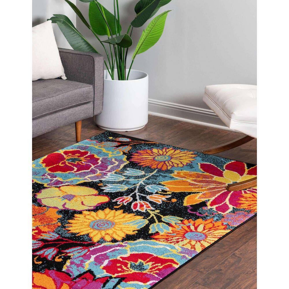 Black Floral Synthetic Rectangular Indoor Area Rug