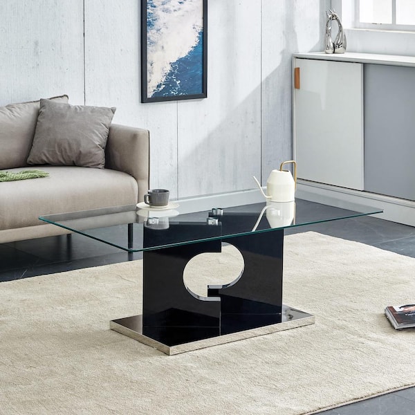 Zeus & Ruta 47.2 in. x 25.5 in. x 18 in. Rectangle Coffee Table With Tempered Glass Tabletop And Black MDF Legs For Living Room
