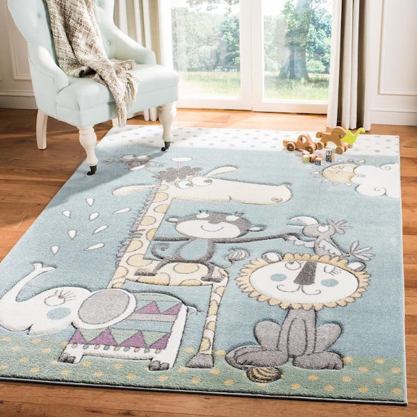 Carousel Kids Ivory/Blue 5 ft. x 8 ft. Animal Print Area Rug