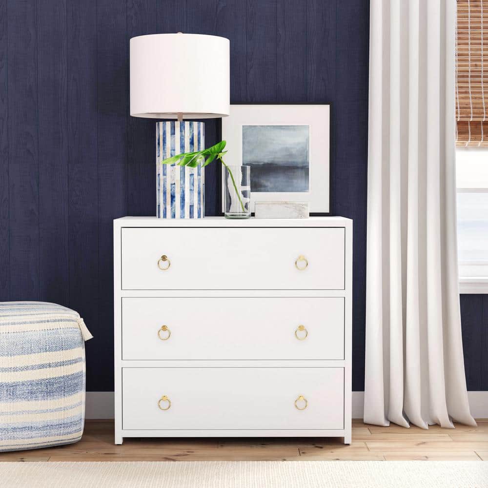 Elegant White Acacia 3-Drawer Chest with Gold Metallic Hardware